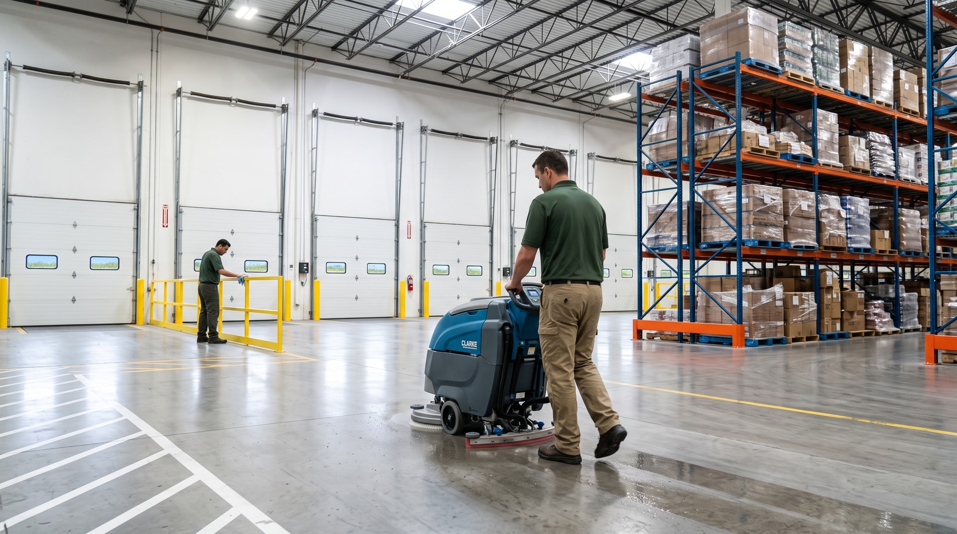 Pristine Cleaning Solutions technician scrubbing a warehouse floor in Brighton, Colorado