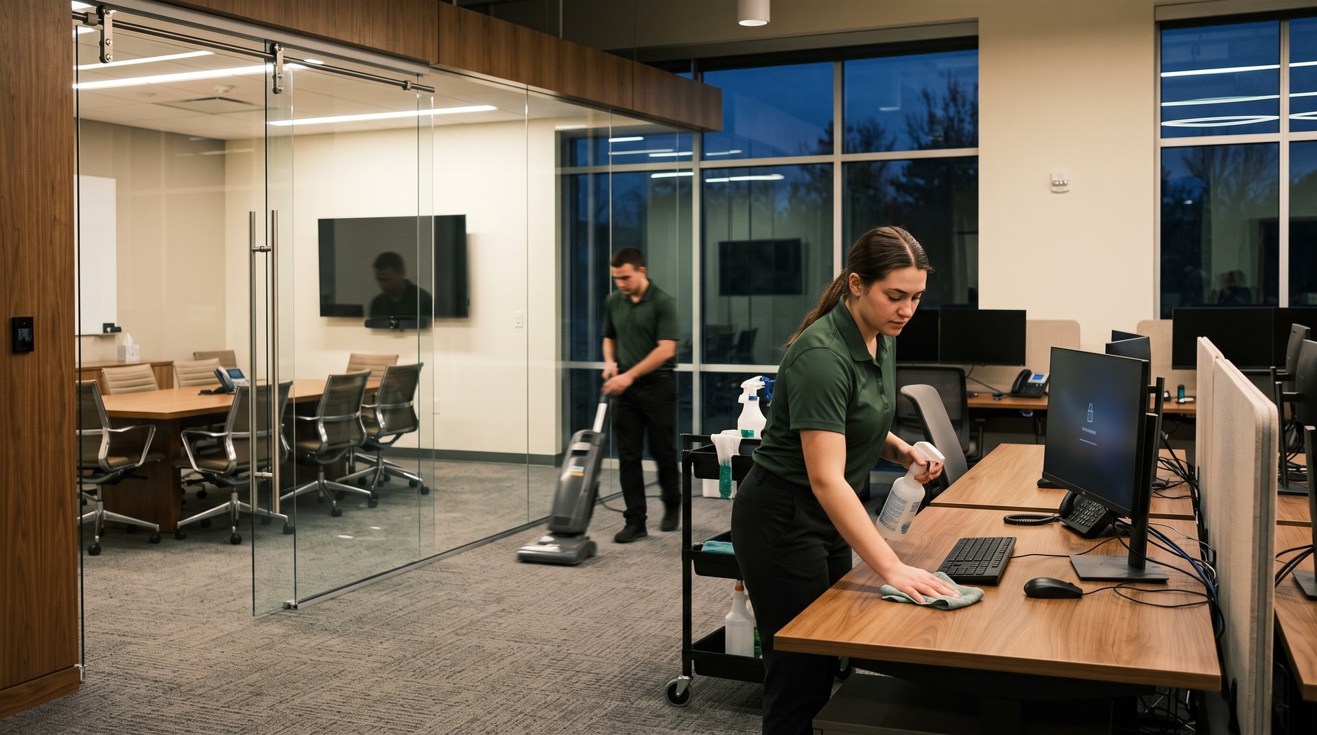 Pristine Cleaning Solutions team cleaning an Interlocken tech office in Broomfield, Colorado