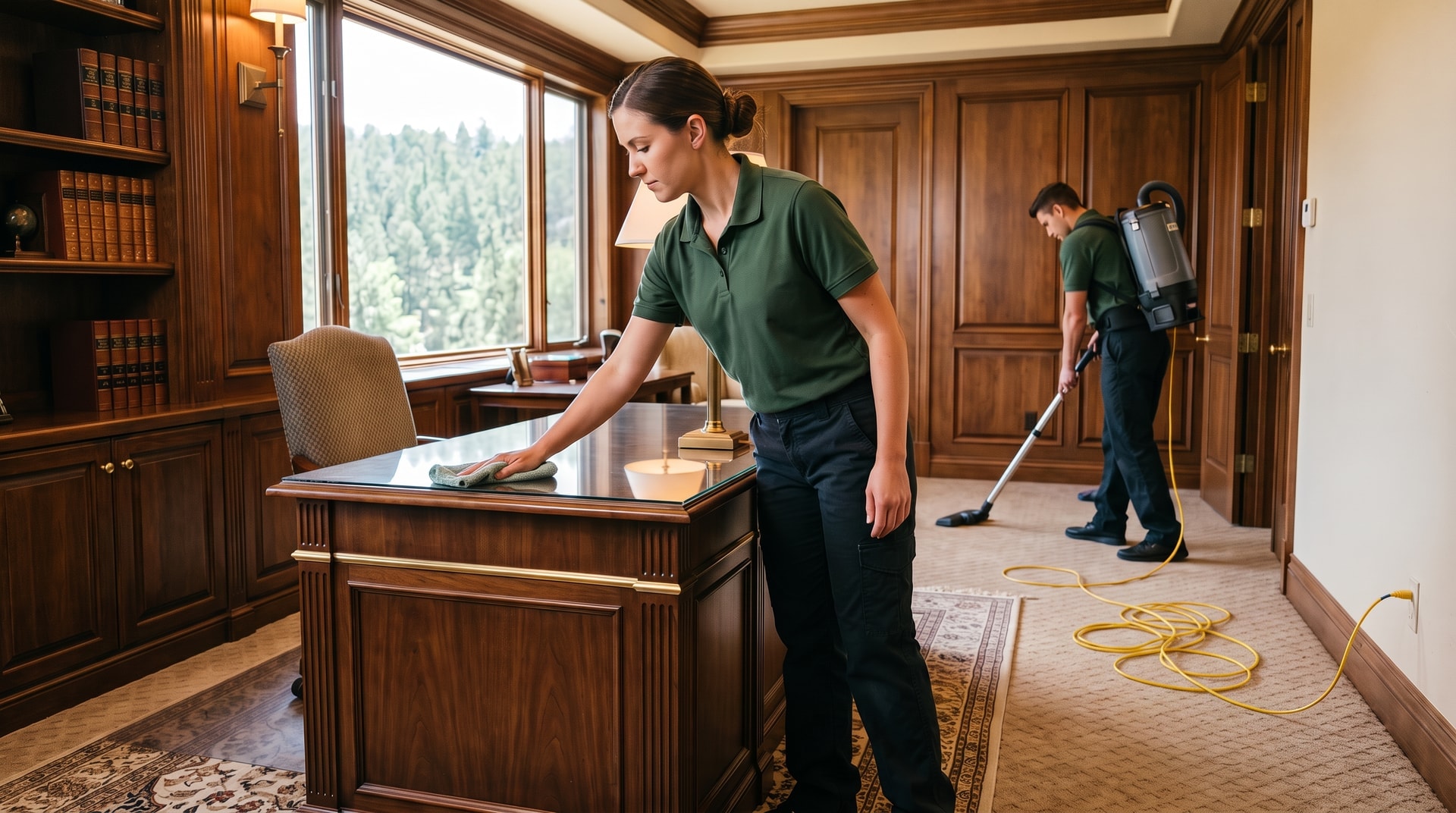 Pristine Cleaning Solutions technician detailing a professional office in Castle Pines, Colorado