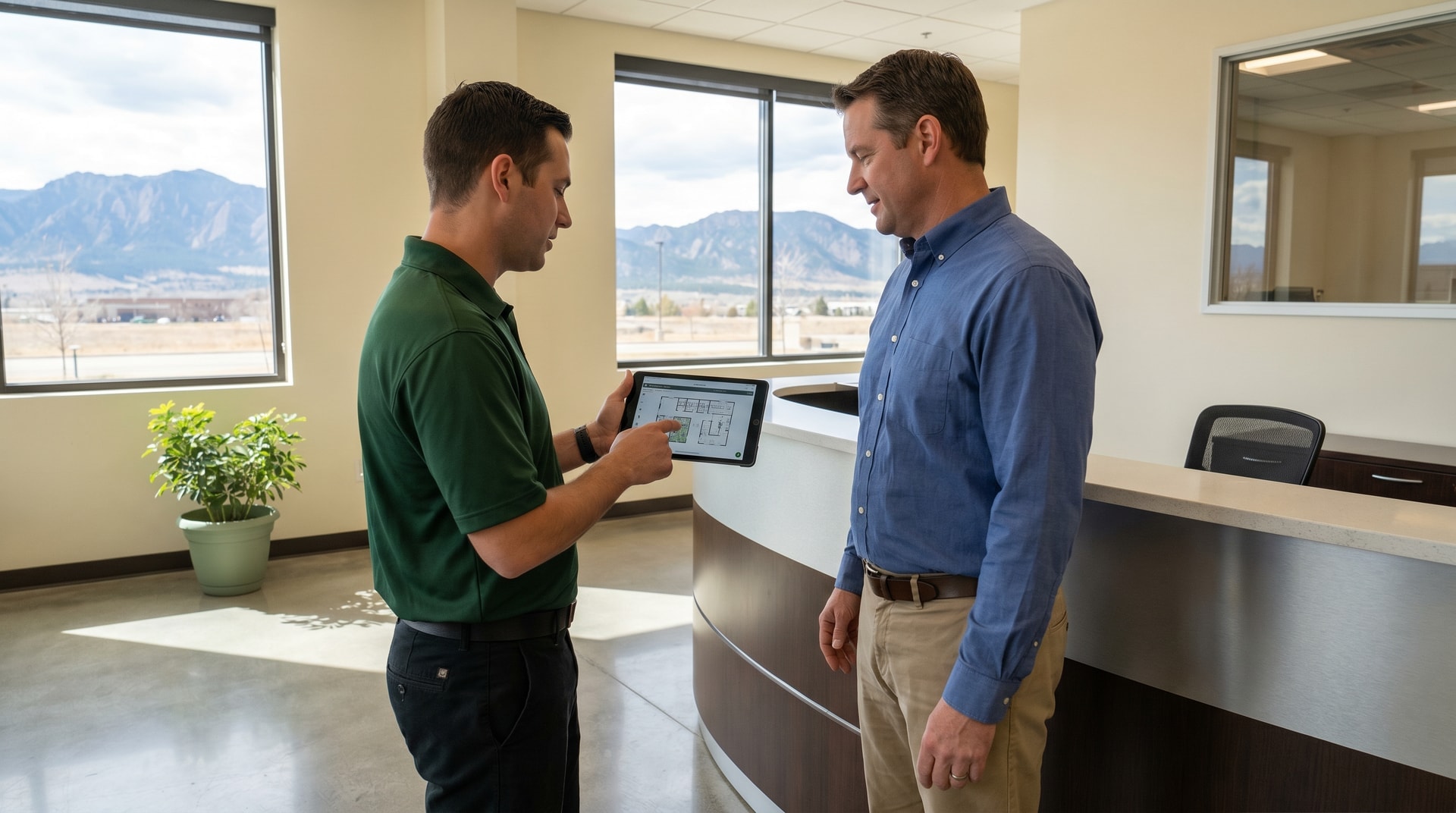Pristine Cleaning Solutions representative conducting a facility walk-through with a Castle Rock business owner