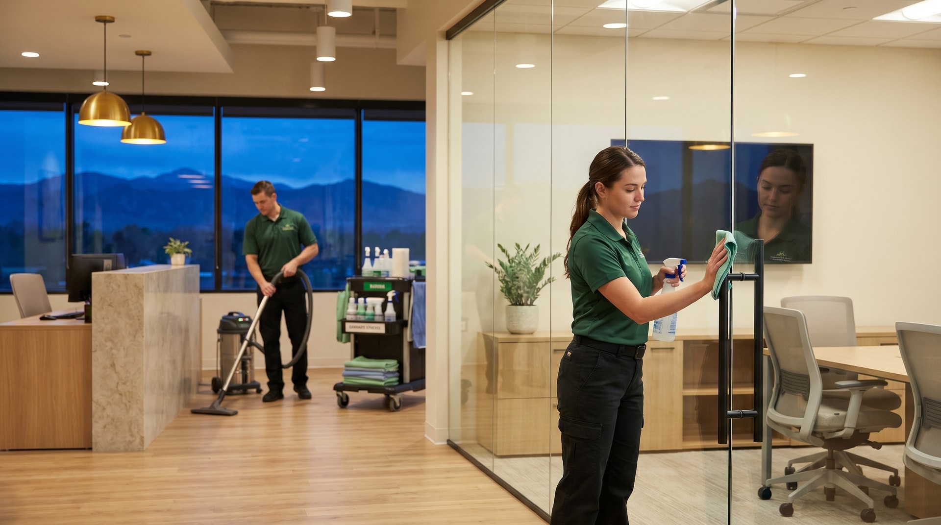 Pristine Cleaning Solutions team performing after-hours office cleaning in Castle Rock, Colorado