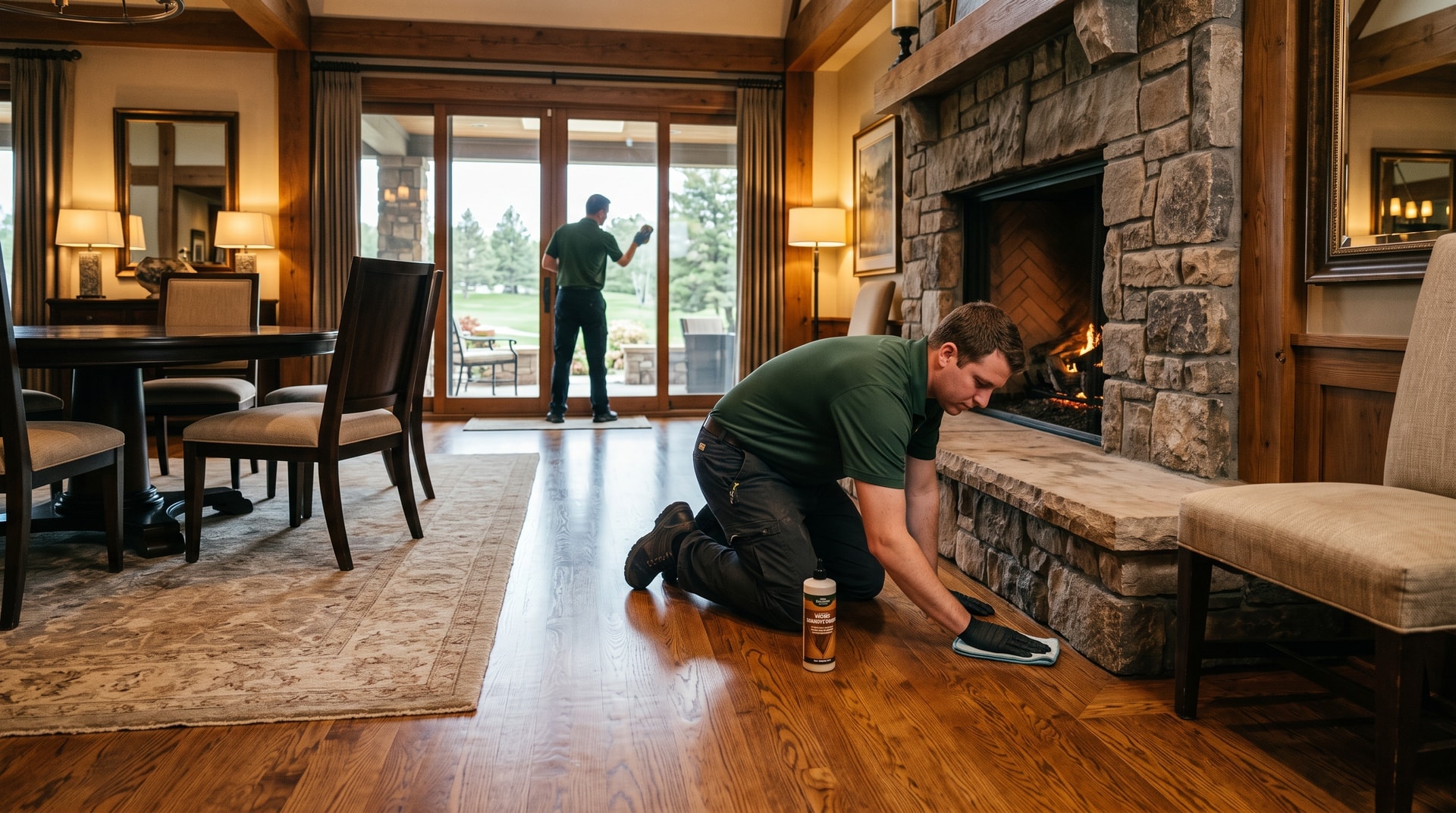Pristine Cleaning Solutions technician detailing a clubhouse interior in Cherry Hills Village, Colorado