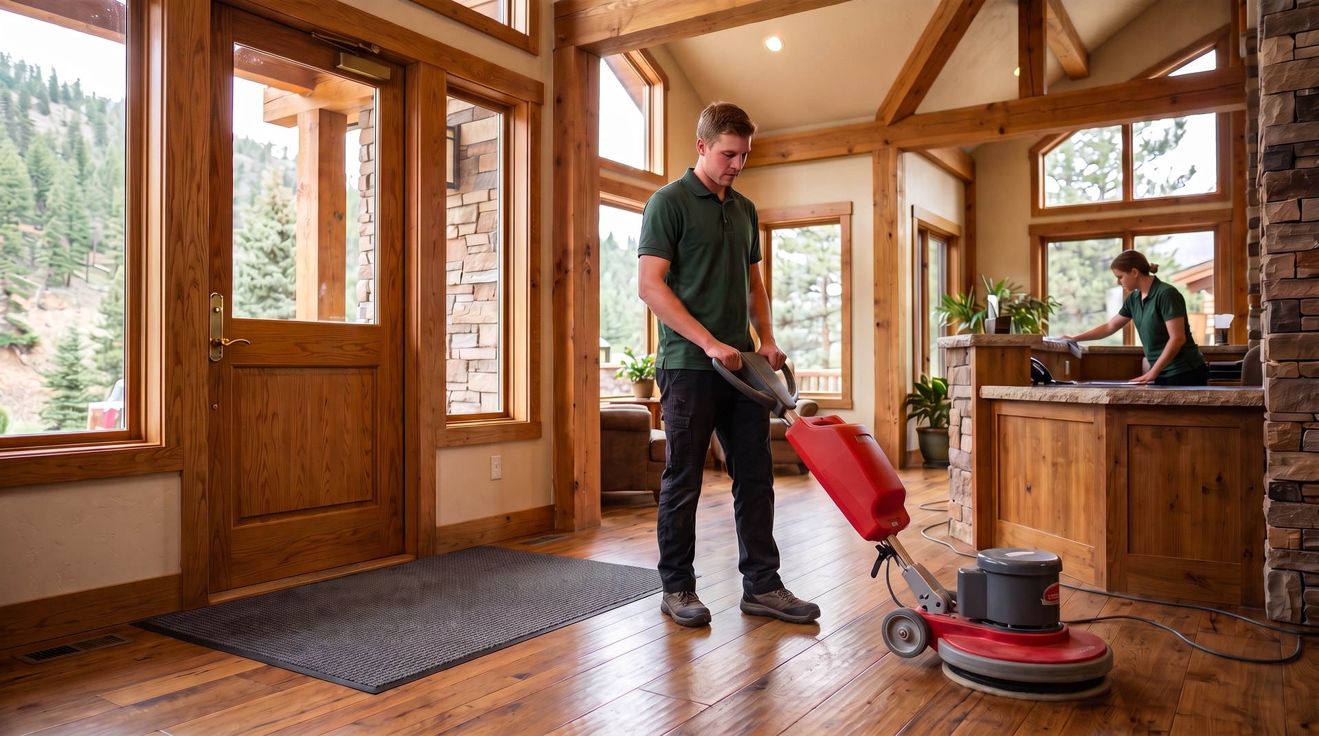Pristine Cleaning Solutions technician cleaning a timber-frame office in downtown Evergreen, Colorado