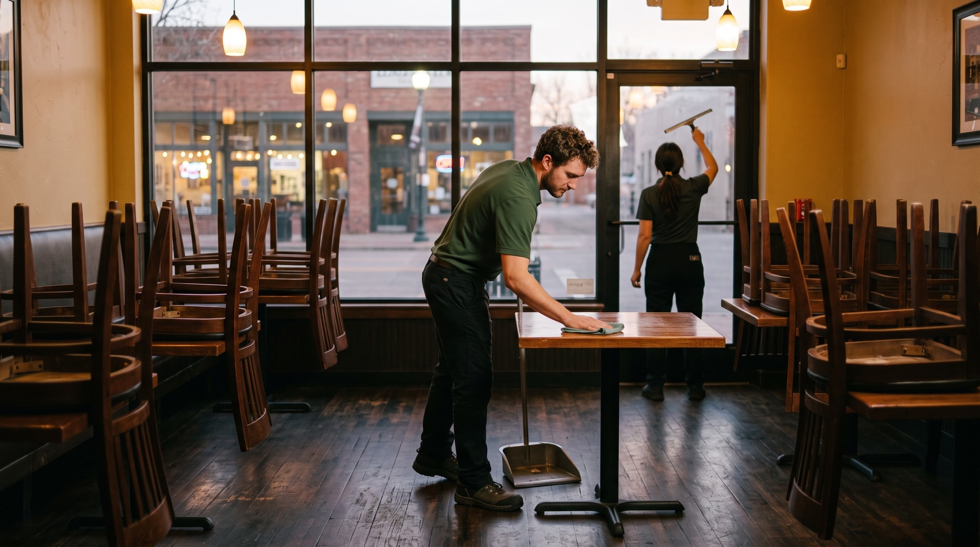 Pristine Cleaning Solutions team cleaning an Old Town restaurant dining room in Fort Collins, Colorado
