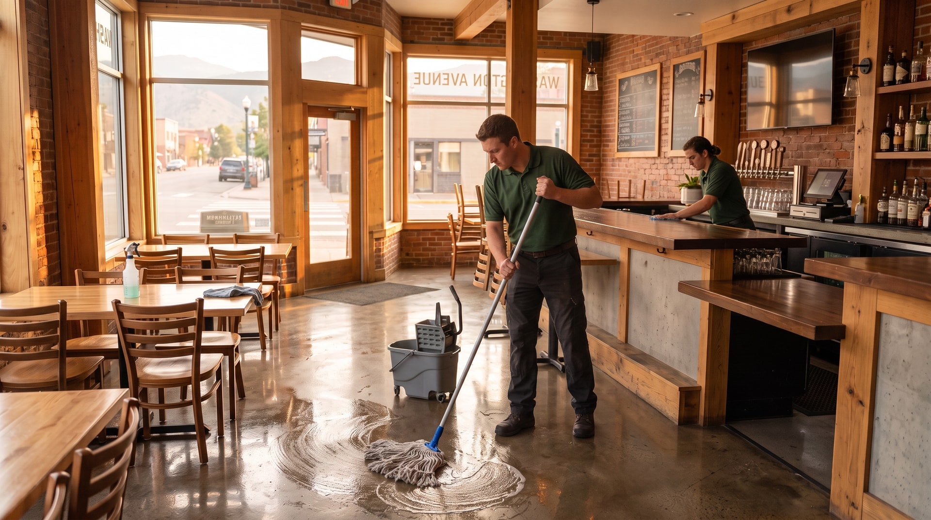 Pristine Cleaning Solutions technician cleaning a Washington Avenue storefront in Golden, Colorado