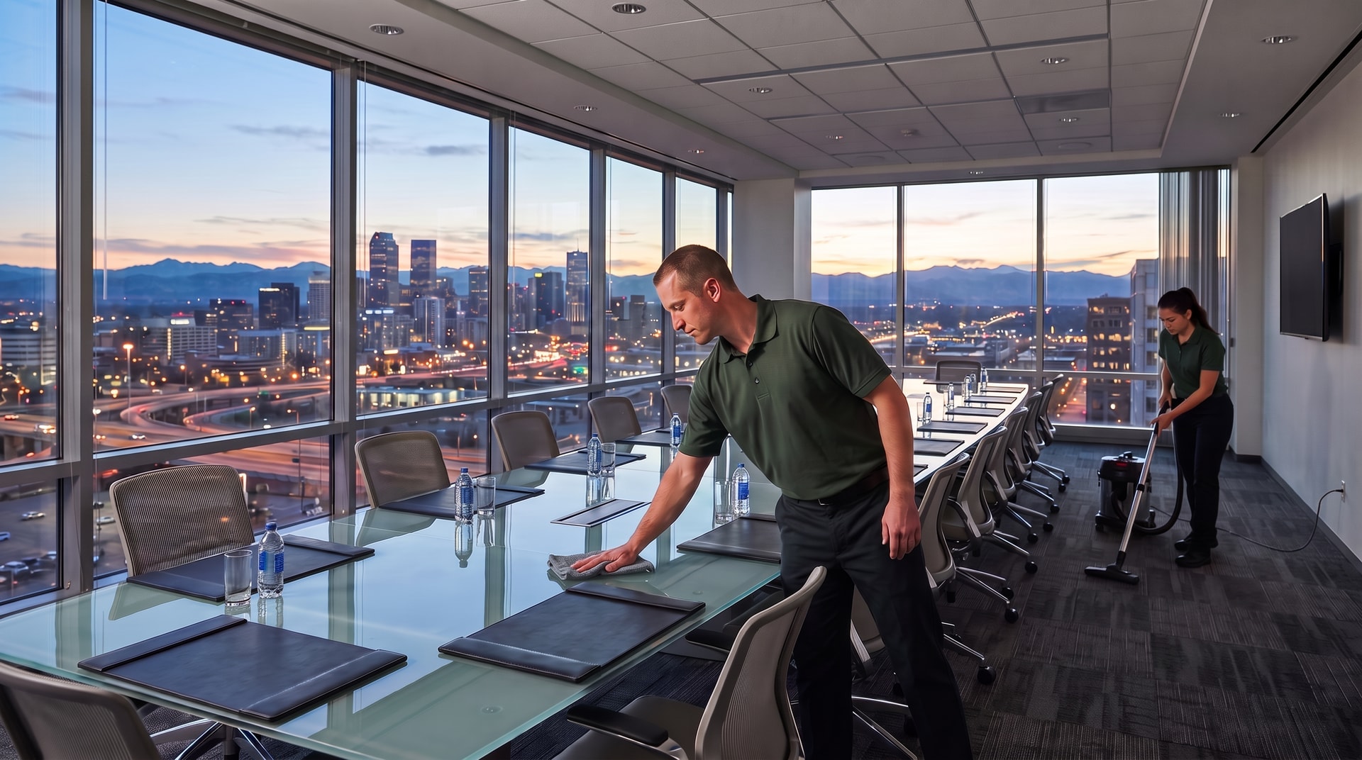 Pristine Cleaning Solutions team resetting a corporate conference room in the Denver Tech Center, Greenwood Village