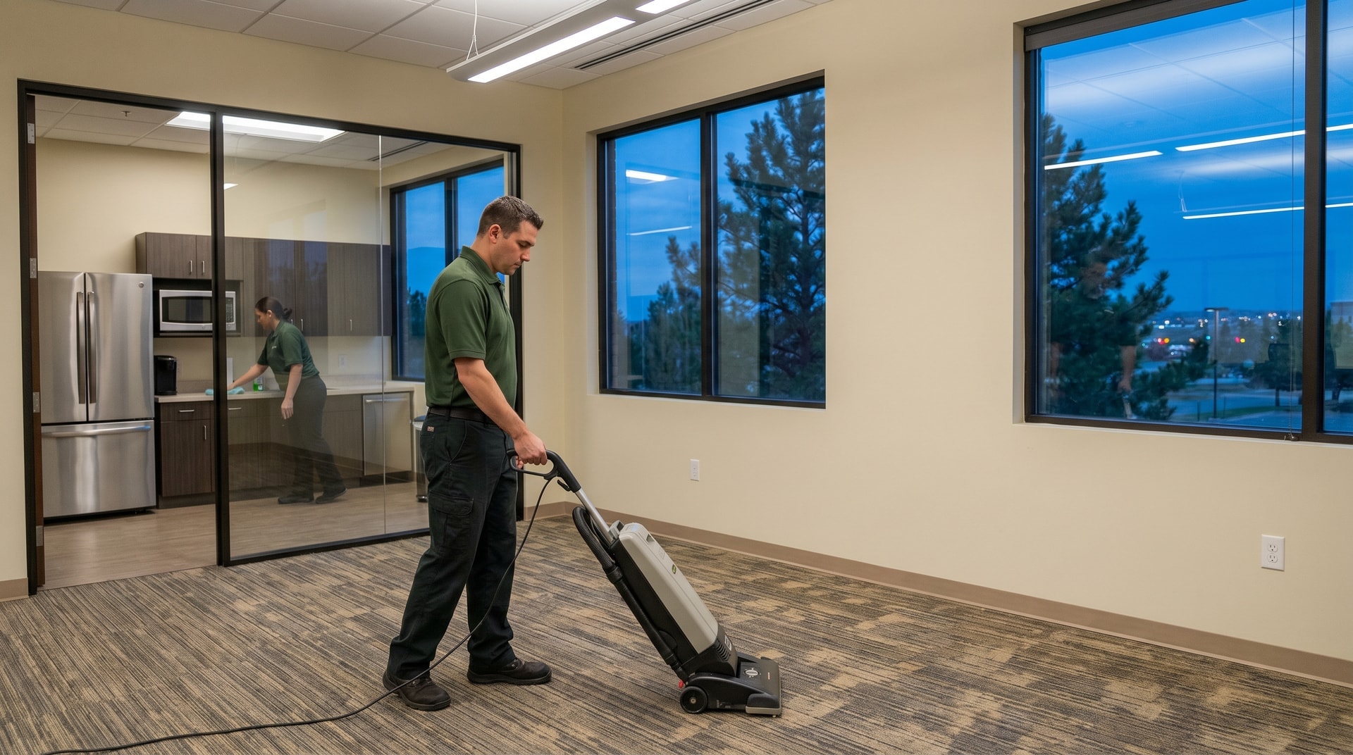 Pristine Cleaning Solutions team cleaning a Lucent Boulevard office in Highlands Ranch, Colorado