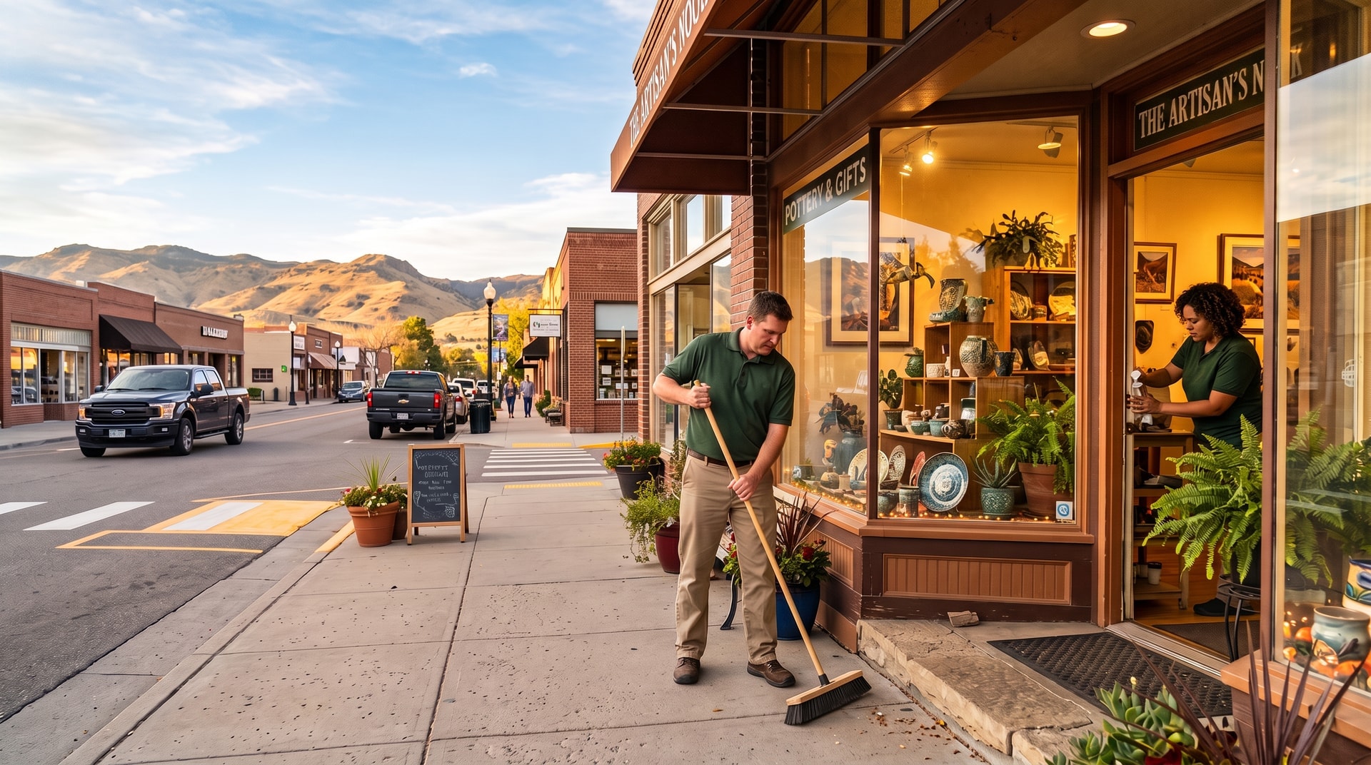 Pristine Cleaning Solutions technician cleaning a Public Road storefront in Lafayette, Colorado