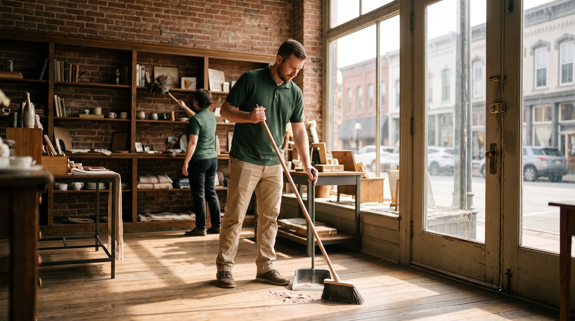 Pristine Cleaning Solutions technician cleaning a Main Street storefront in downtown Littleton, Colorado