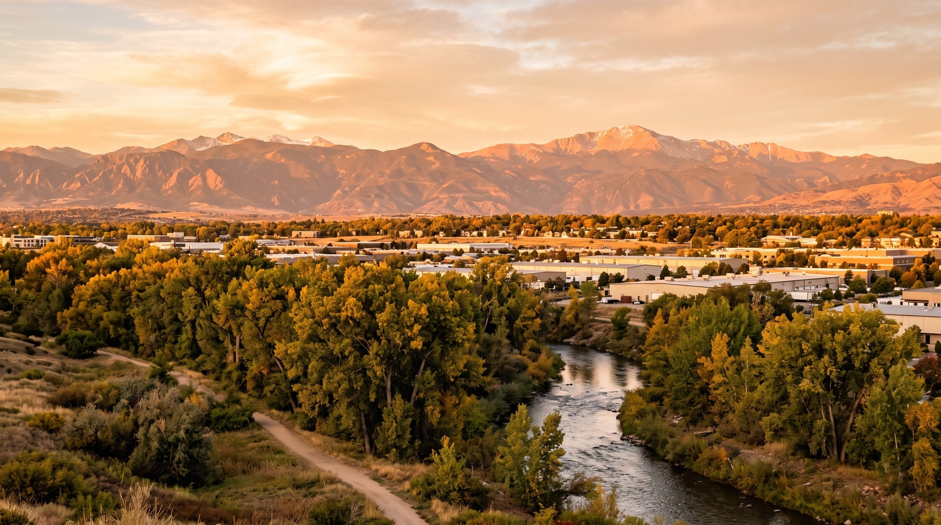 Commercial cleaning in Wheat Ridge, Colorado — Clear Creek greenbelt with the Front Range behind