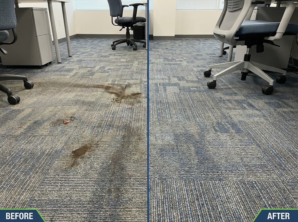 Before and after commercial carpet cleaning showing dramatic stain removal results
