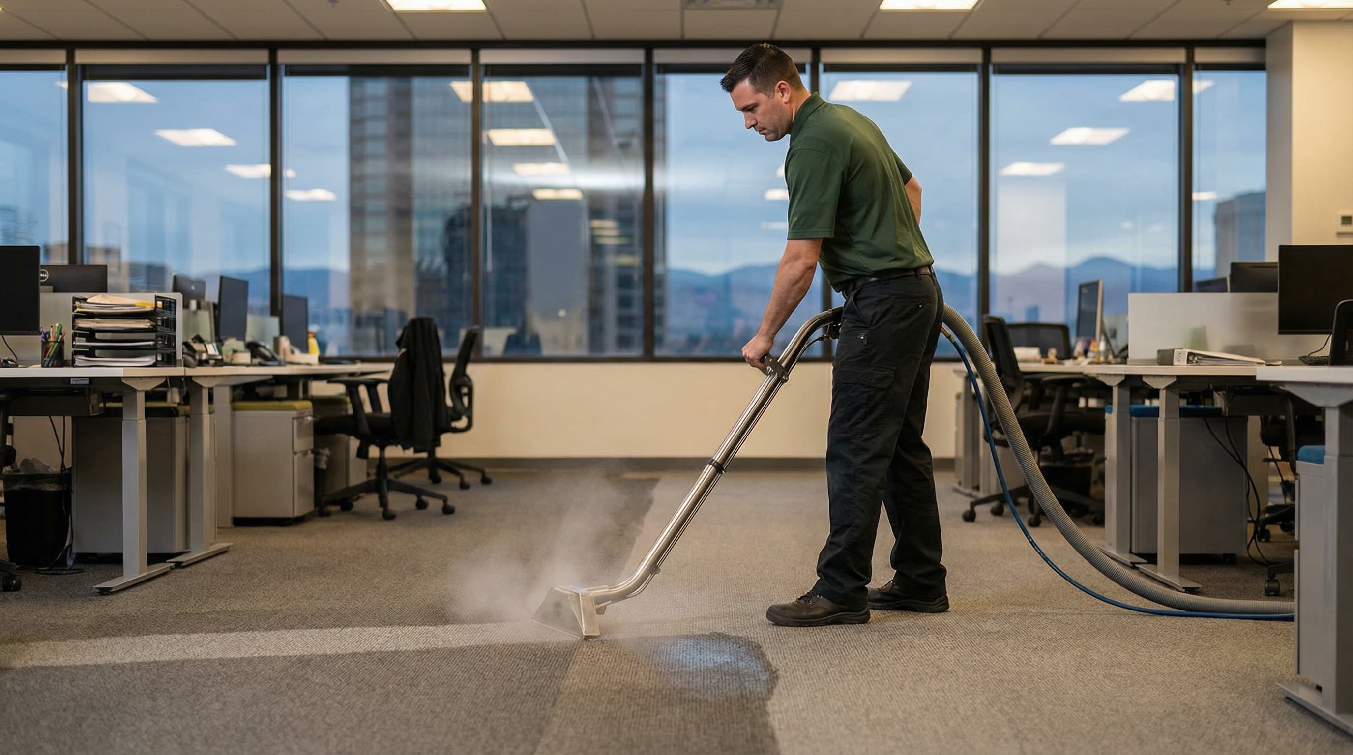 Commercial carpet cleaning with truck-mounted extraction equipment in Denver office building