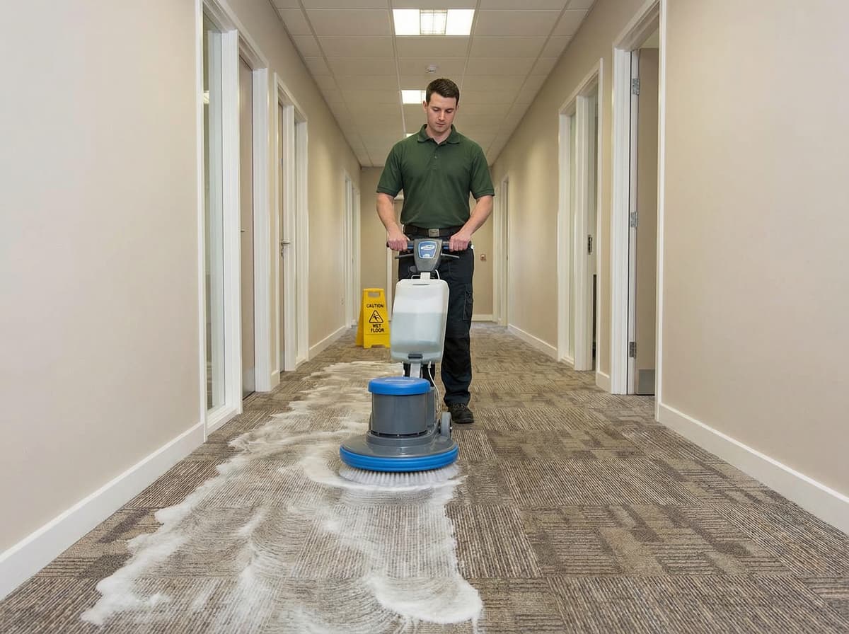 Low-moisture encapsulation carpet cleaning for fast-dry office carpet maintenance