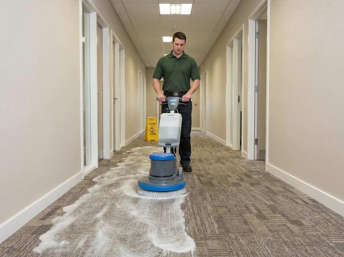 Low-moisture encapsulation carpet cleaning for fast-dry office carpet maintenance