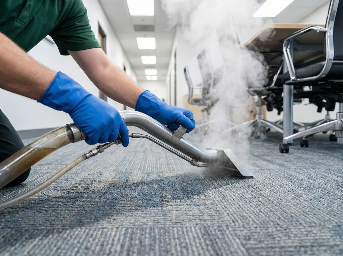 Hot water extraction carpet cleaning machine removing deep-set soil from commercial carpet