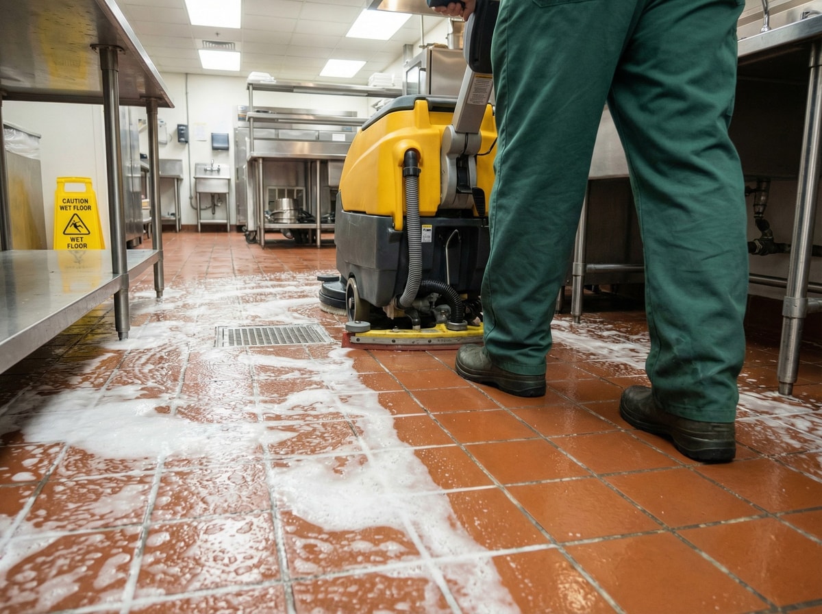 Commercial kitchen floor degreasing service with professional equipment removing built-up grease