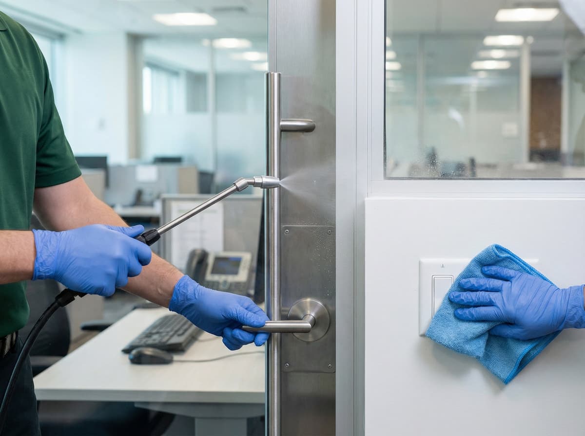High-touch surface disinfection on door handles, light switches, and shared equipment