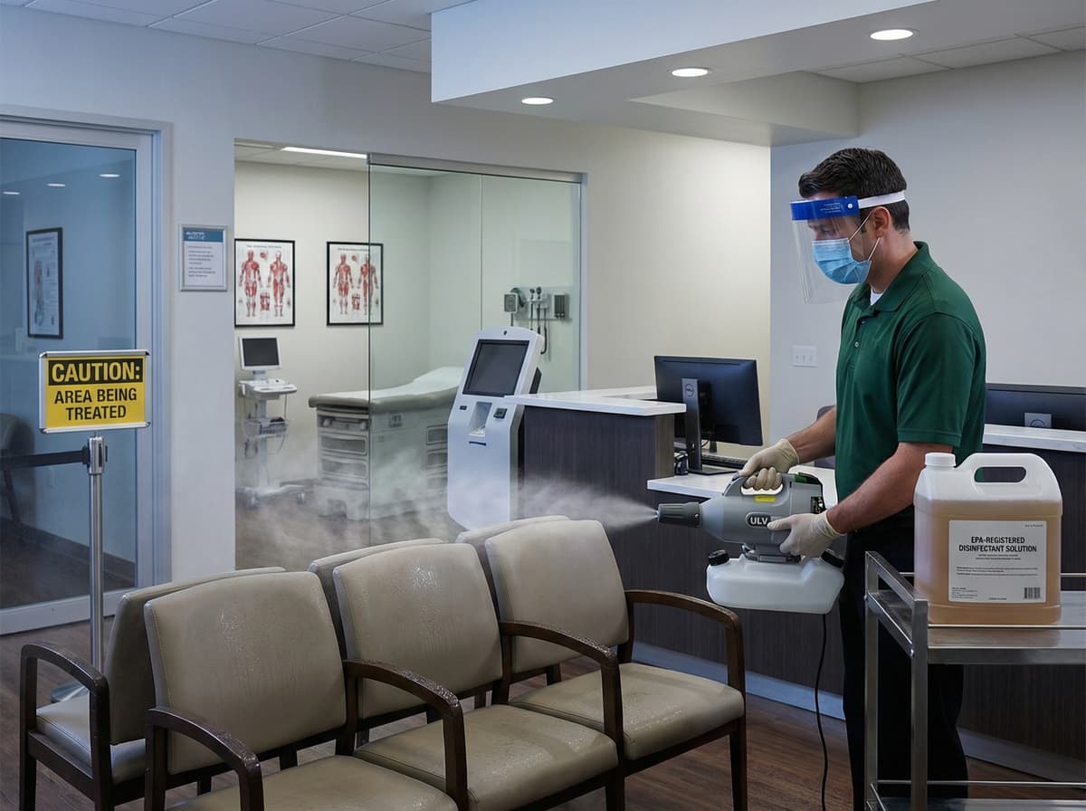 Clean, disinfected medical office waiting room ready for patients