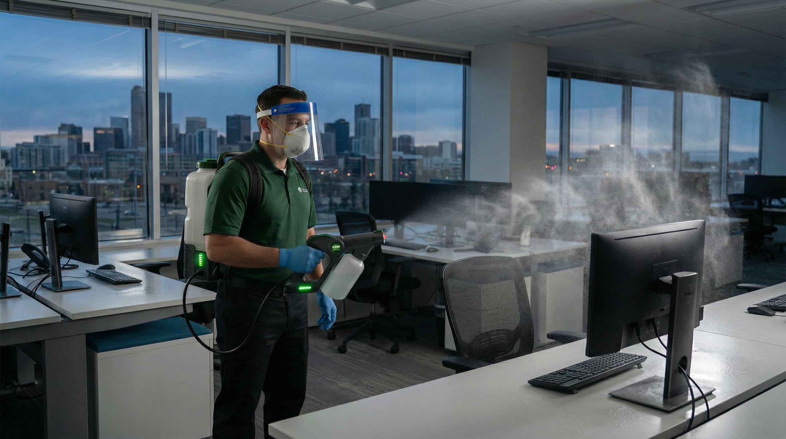 Professional electrostatic disinfection sprayer treating Denver commercial office space