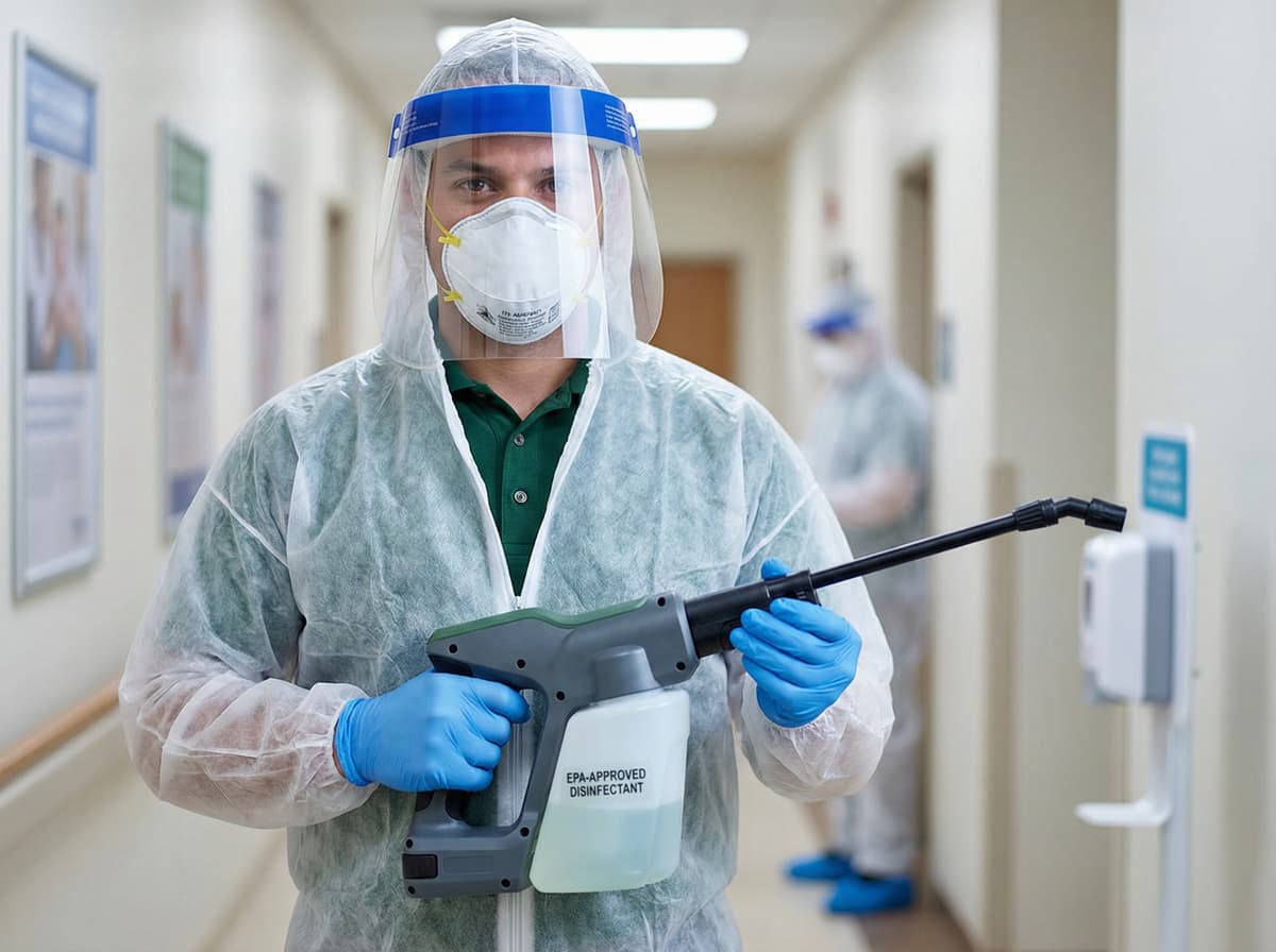 Disinfection technician in PPE applying electrostatic spray in commercial office