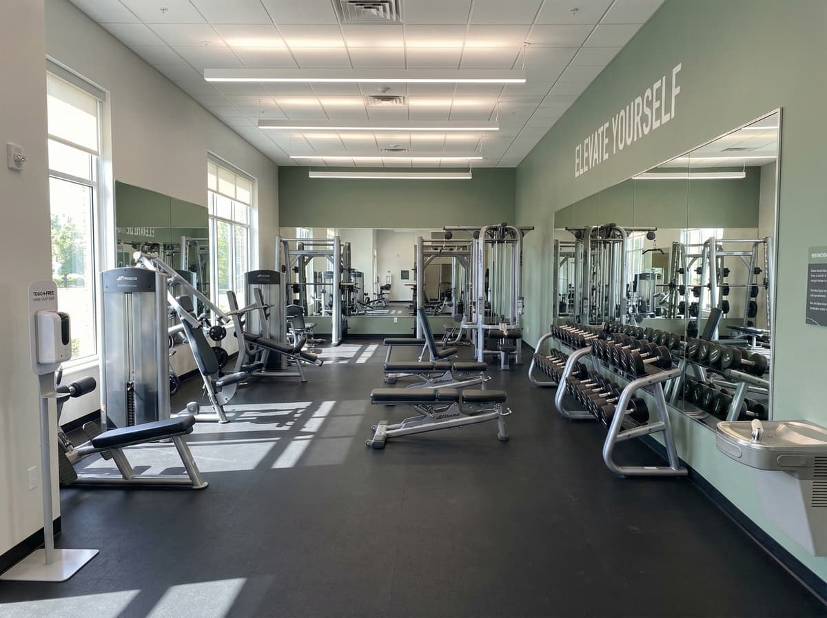 Professional fitness equipment sanitization with gym-safe disinfectants on cardio machines and weight equipment