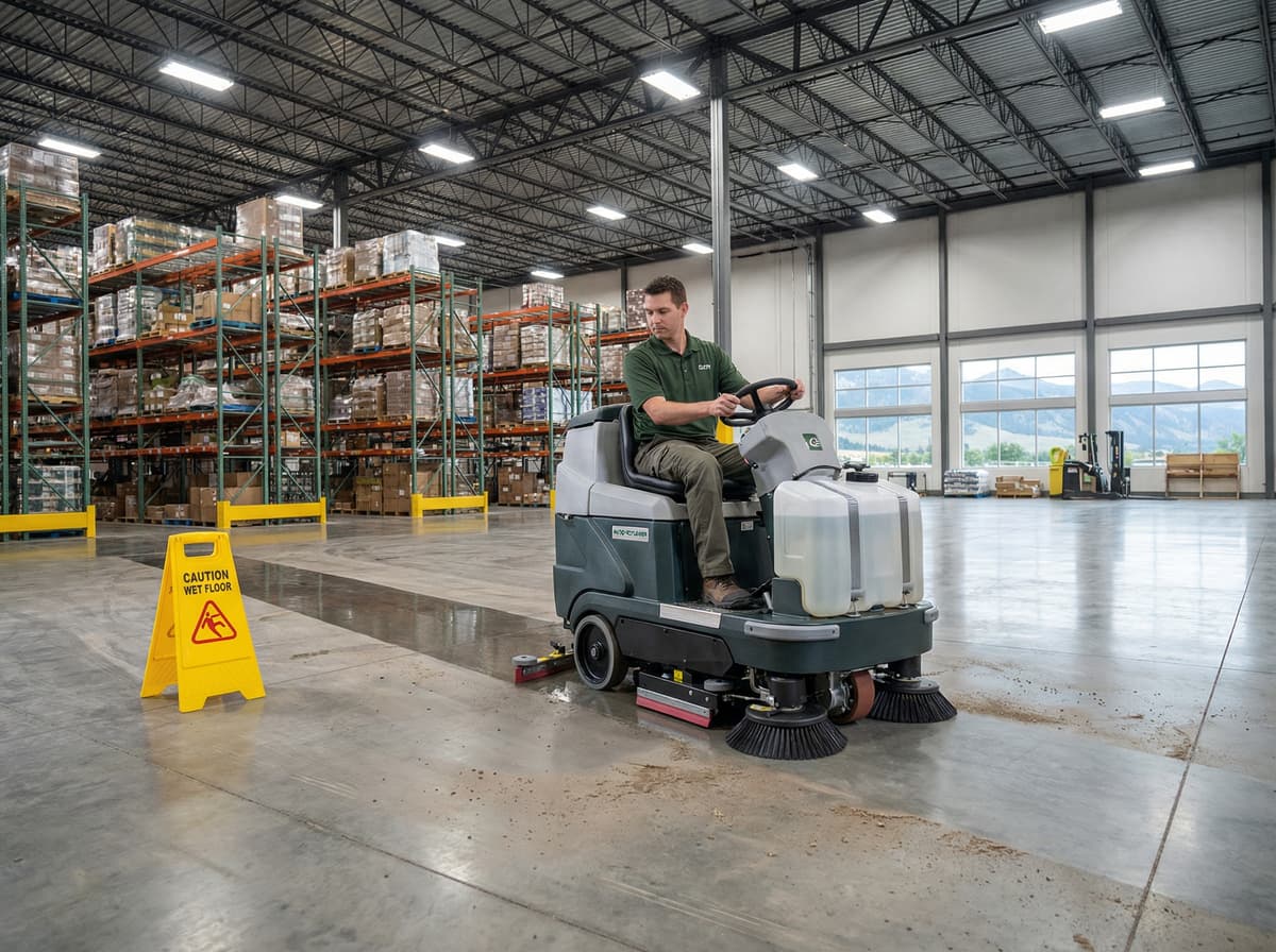 Commercial auto-scrubber cleaning hard surface floors in office building