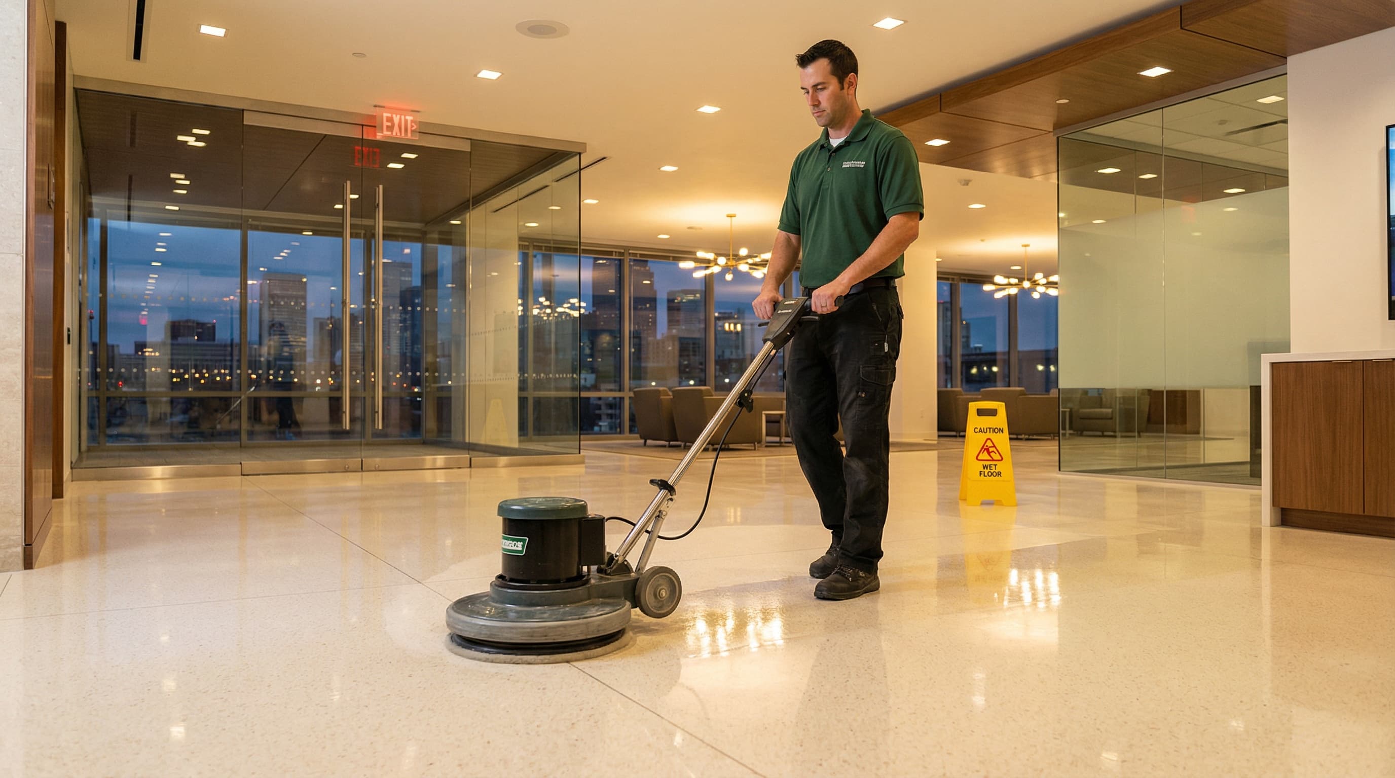 Professional commercial floor cleaning with auto-scrubber in Denver office building