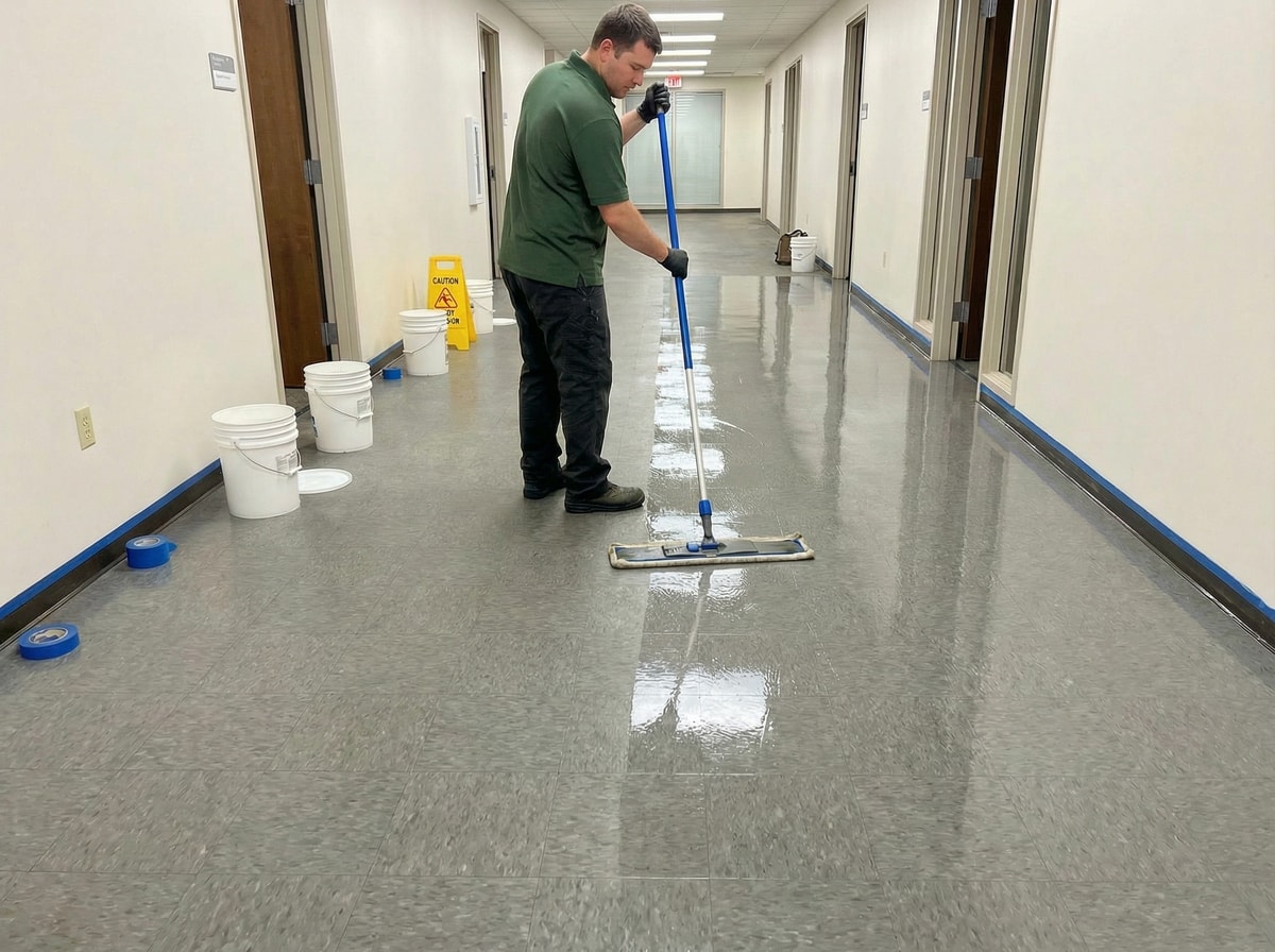 VCT floor stripping and waxing process showing fresh finish application