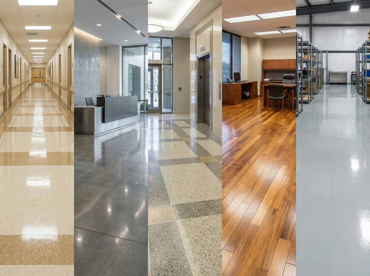 Variety of commercial floor types including VCT, hardwood, tile, and concrete