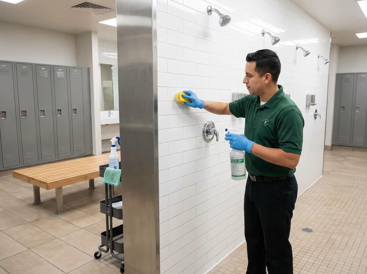 Professional gym locker room cleaning with hospital-grade disinfection of lockers, benches, and shower areas