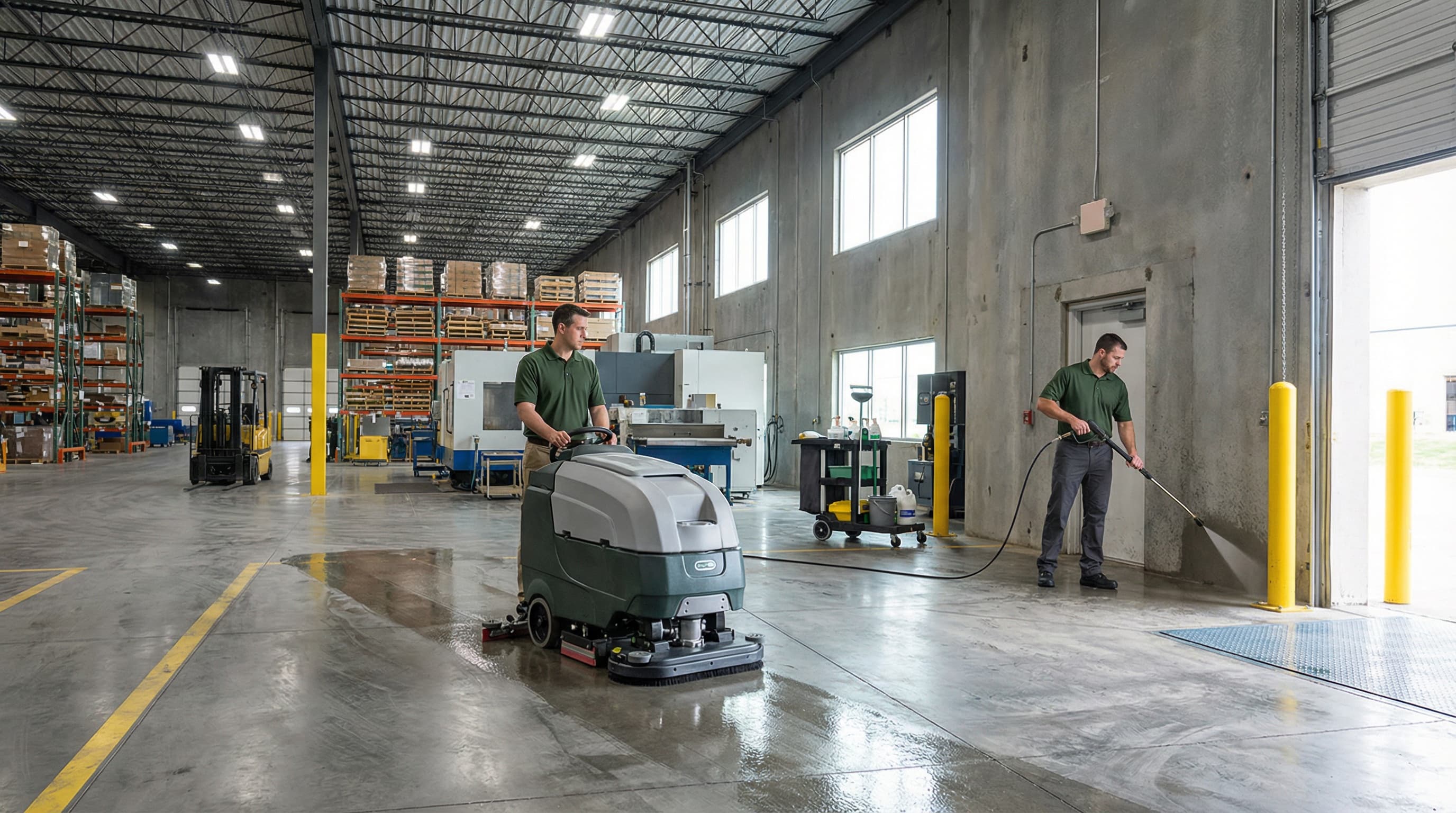 Industrial cleaning with ride-on floor scrubber in Denver warehouse facility