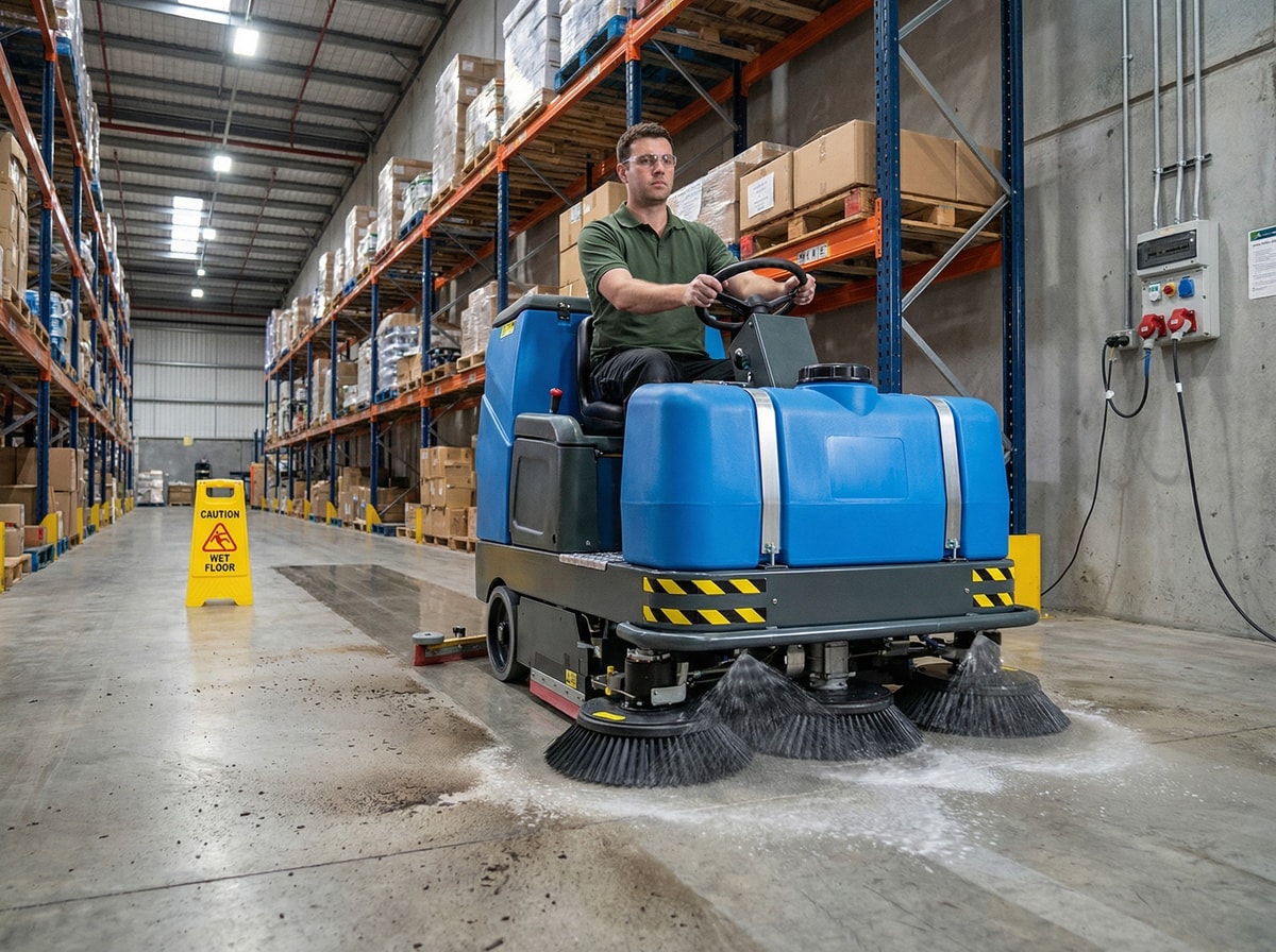 Ride-on floor scrubber cleaning distribution center warehouse floor in Denver