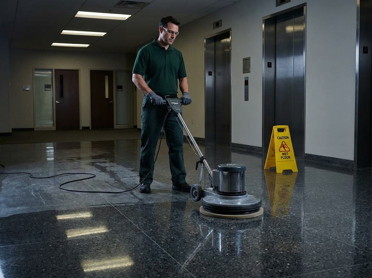 Commercial floor buffing and polishing by janitorial technician in office building corridor