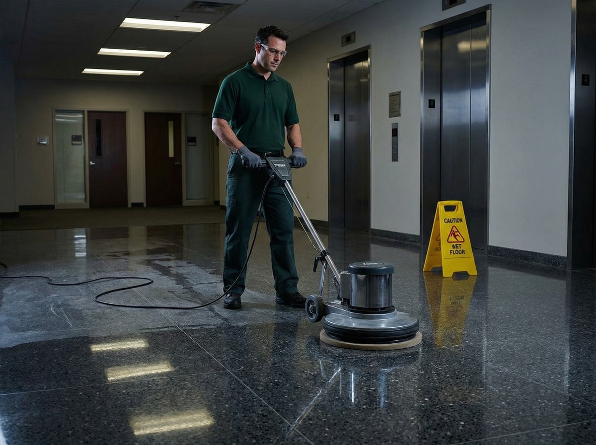 Commercial floor buffing and polishing by janitorial technician in office building corridor