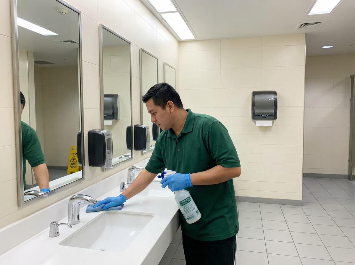 Commercial restroom sanitization by professional janitorial services technician