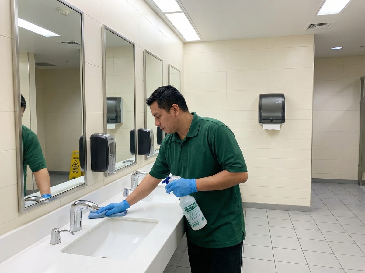 Commercial restroom sanitization by professional janitorial services technician