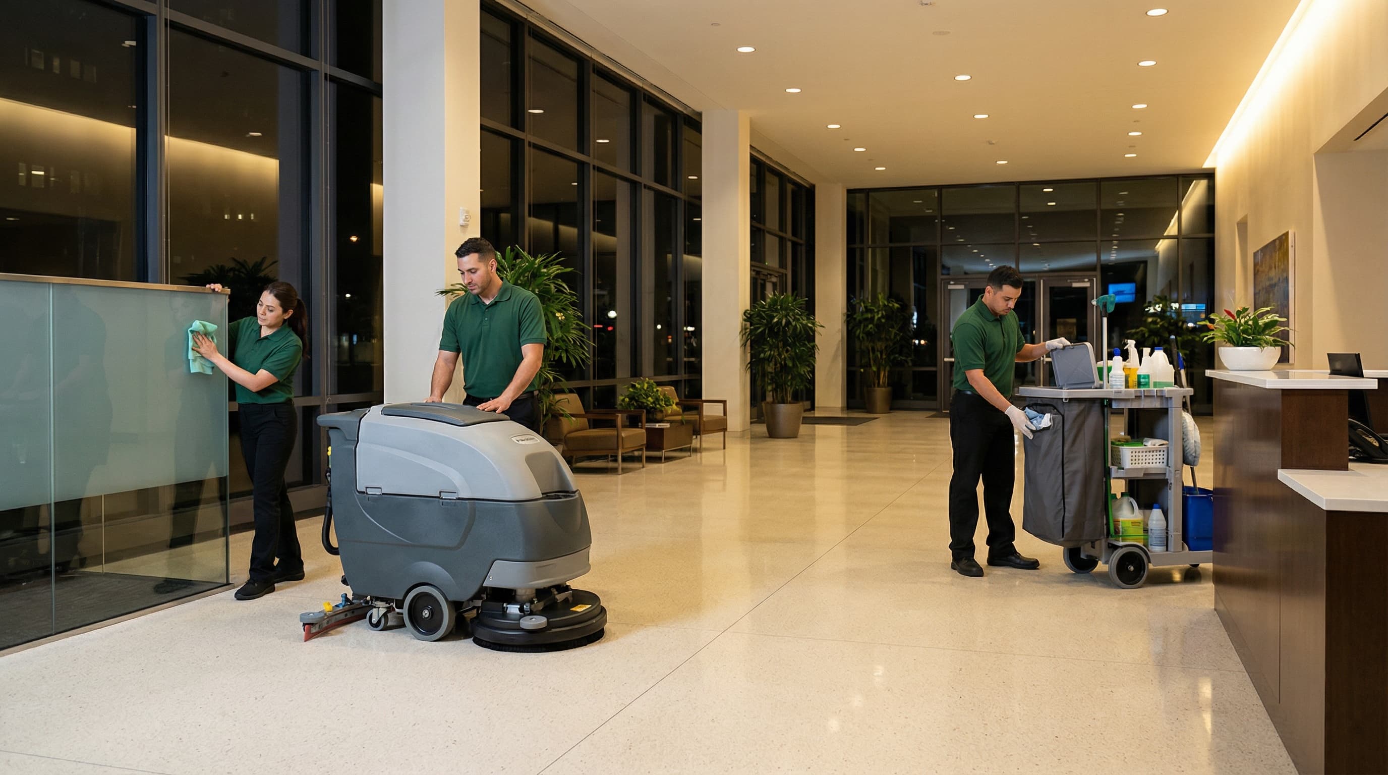 Professional janitorial team cleaning commercial building lobby during after-hours service