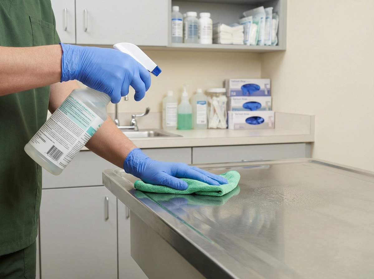 Professional medical exam room cleaning with hospital-grade disinfection of exam table and equipment