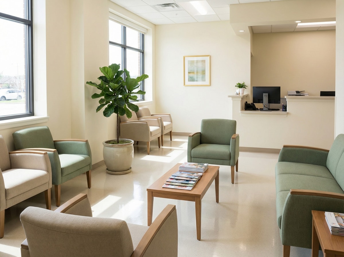 Clean and sanitized medical office waiting room with professionally cleaned seating areas