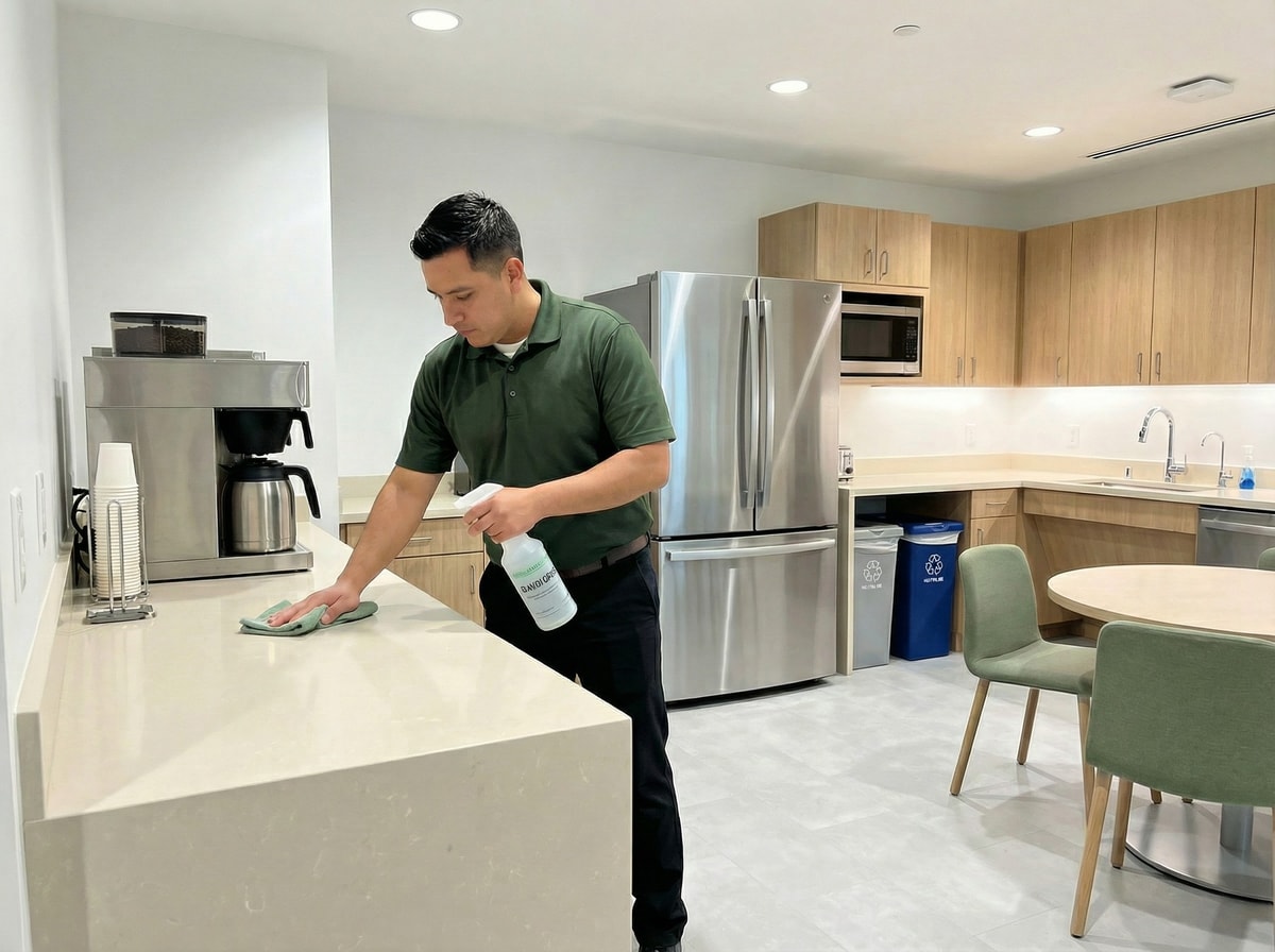 Office break room and kitchen counter sanitization by professional cleaning technician