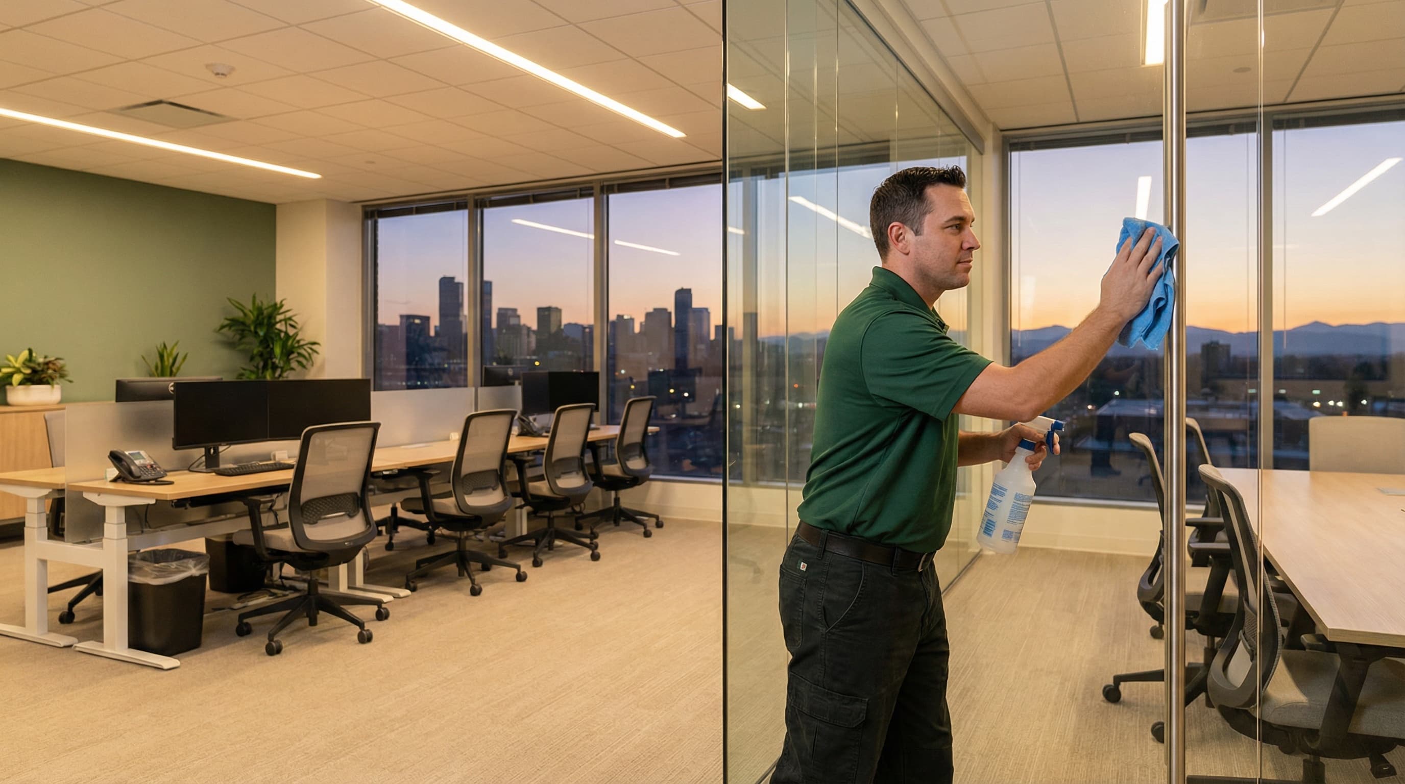 Professional office cleaning technician sanitizing conference room after hours in modern Denver office