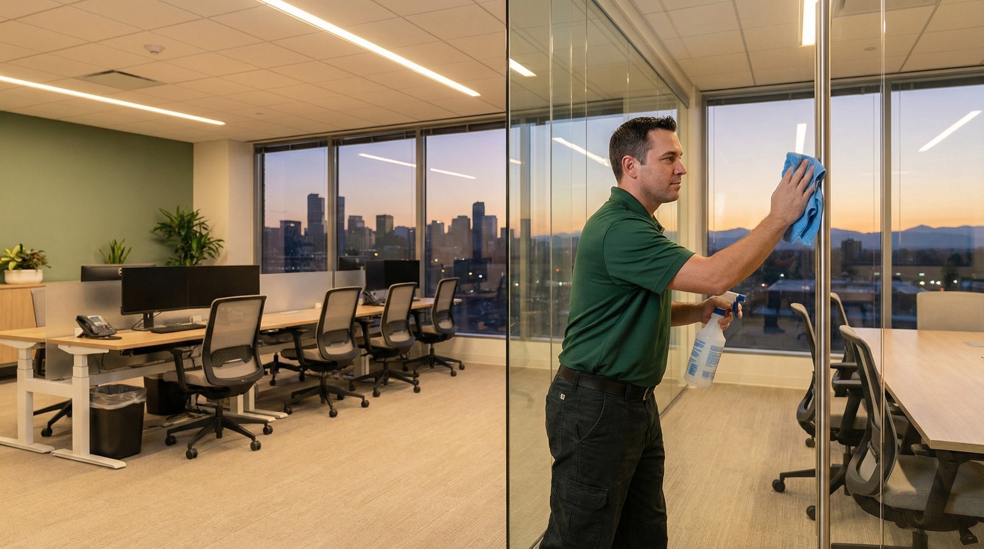 Professional office cleaning technician sanitizing conference room after hours in modern Denver office