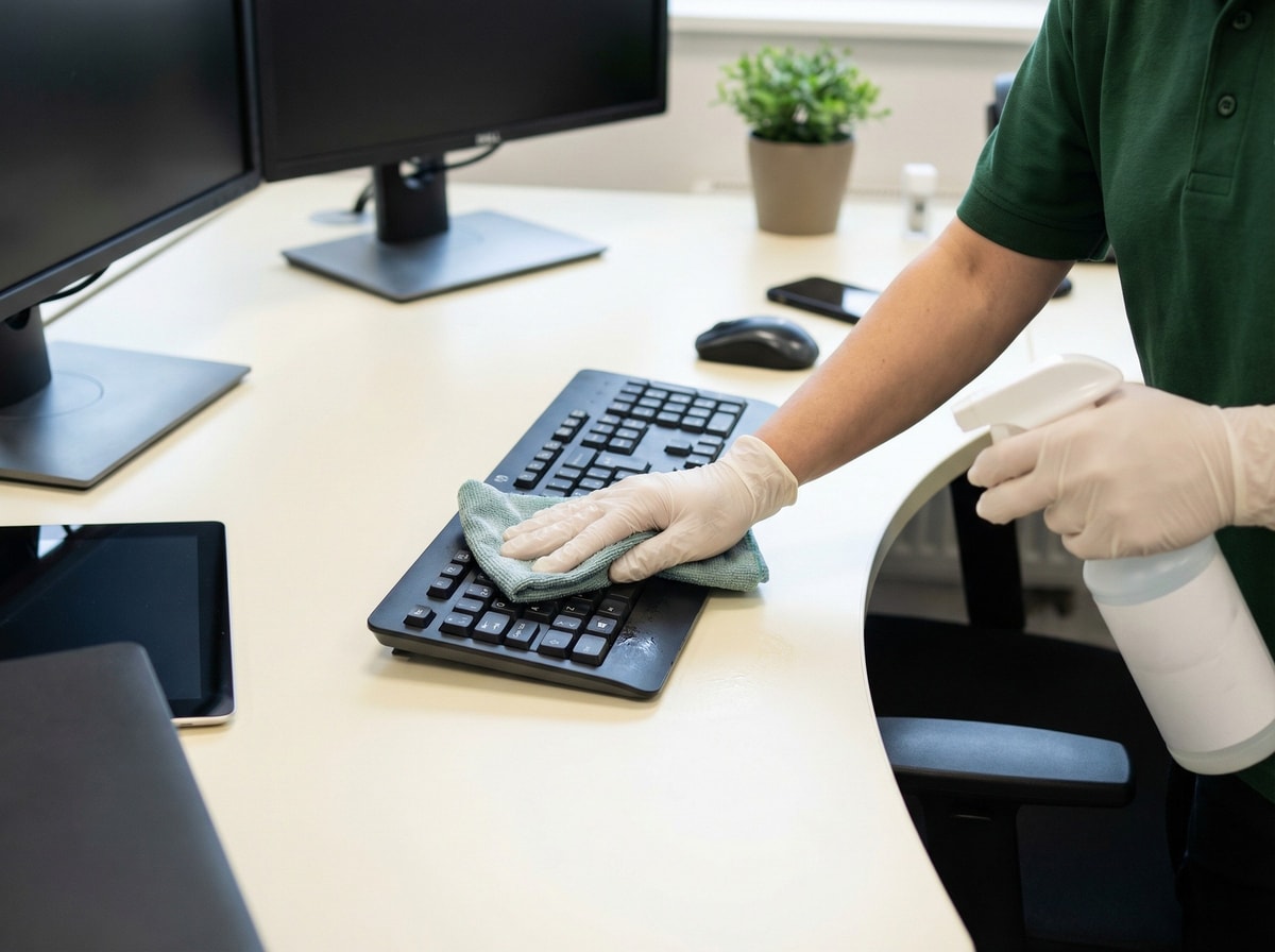 Close-up of workstation keyboard and desk sanitization with EPA-registered disinfectant