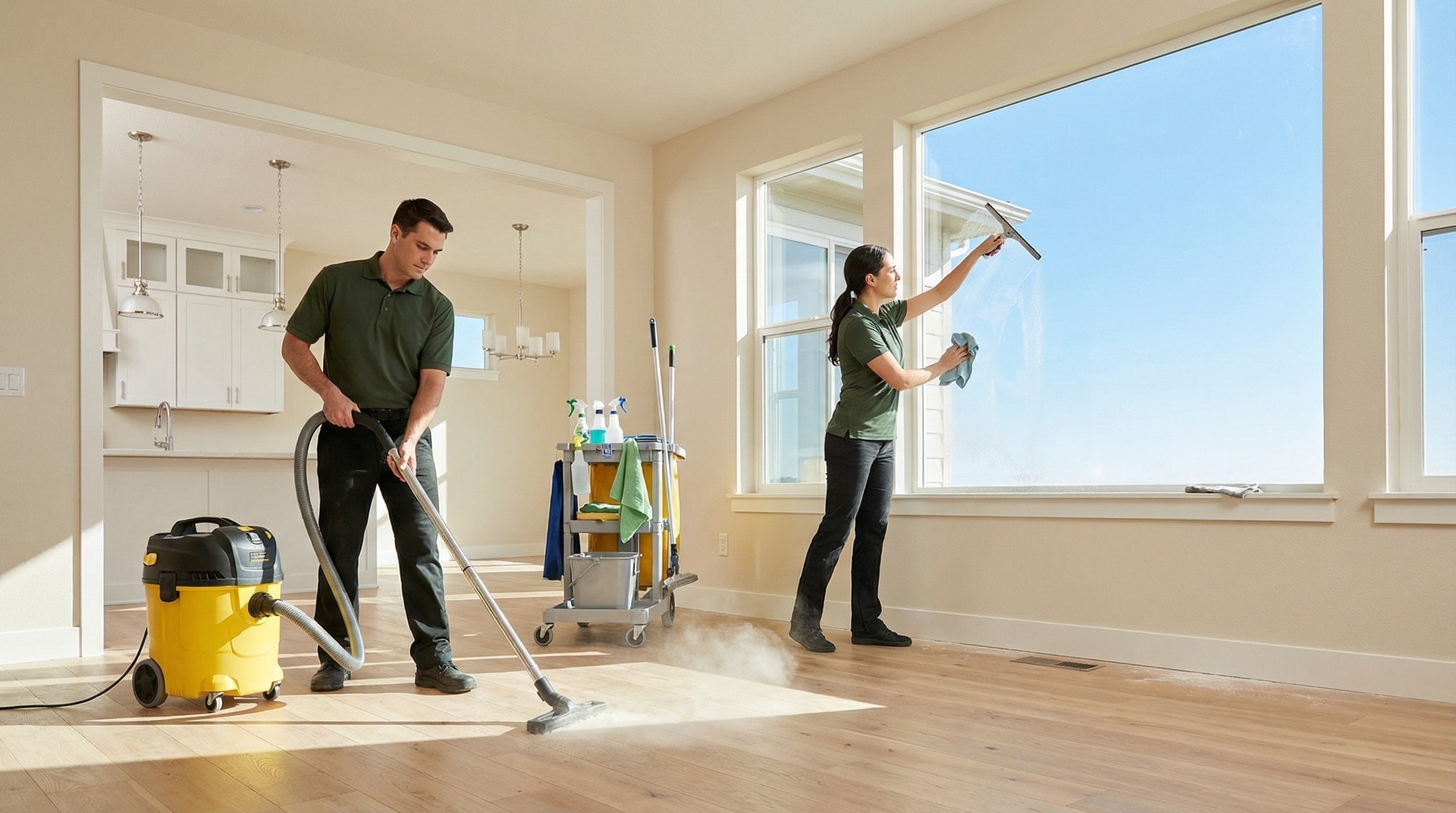 Post-construction cleaning crew vacuuming and window cleaning in newly built Denver home