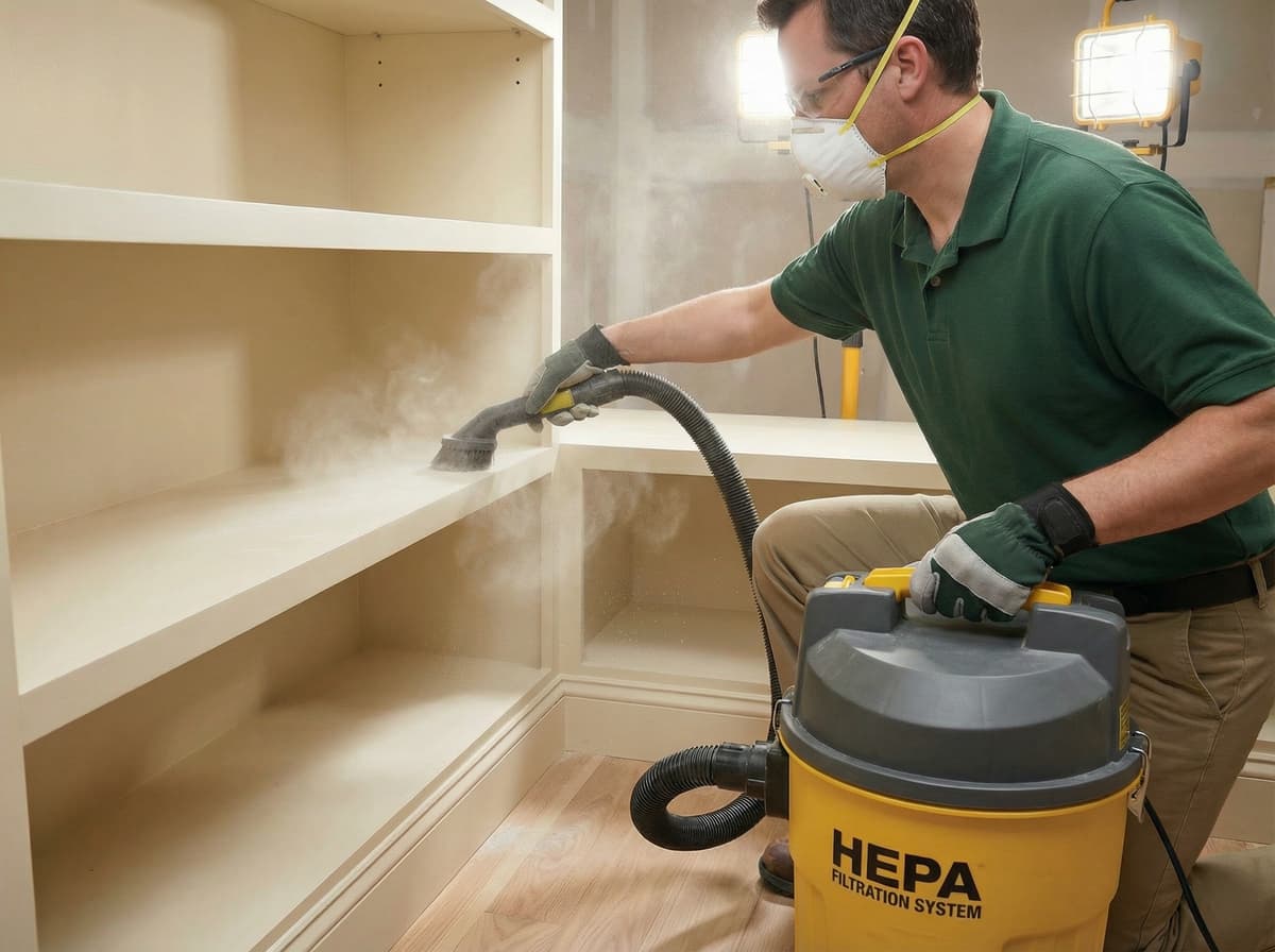 Professional drywall dust removal from new cabinetry using HEPA vacuum