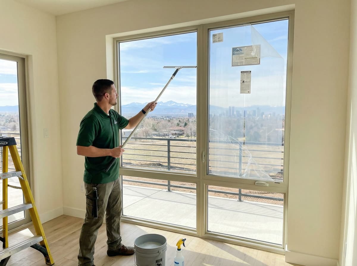 Protective film removal and window cleaning on new construction windows with Colorado mountain views
