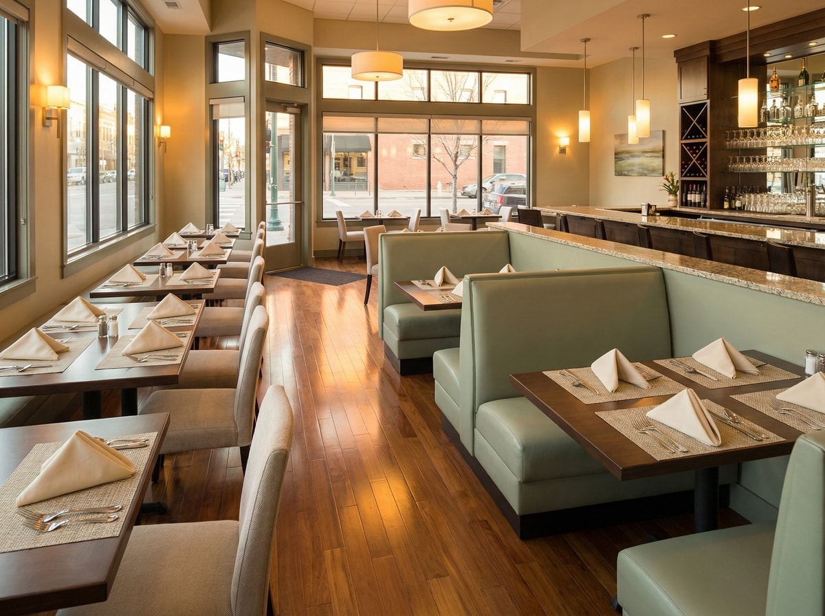 Professionally cleaned restaurant dining area with sanitized tables and polished floors ready for guests