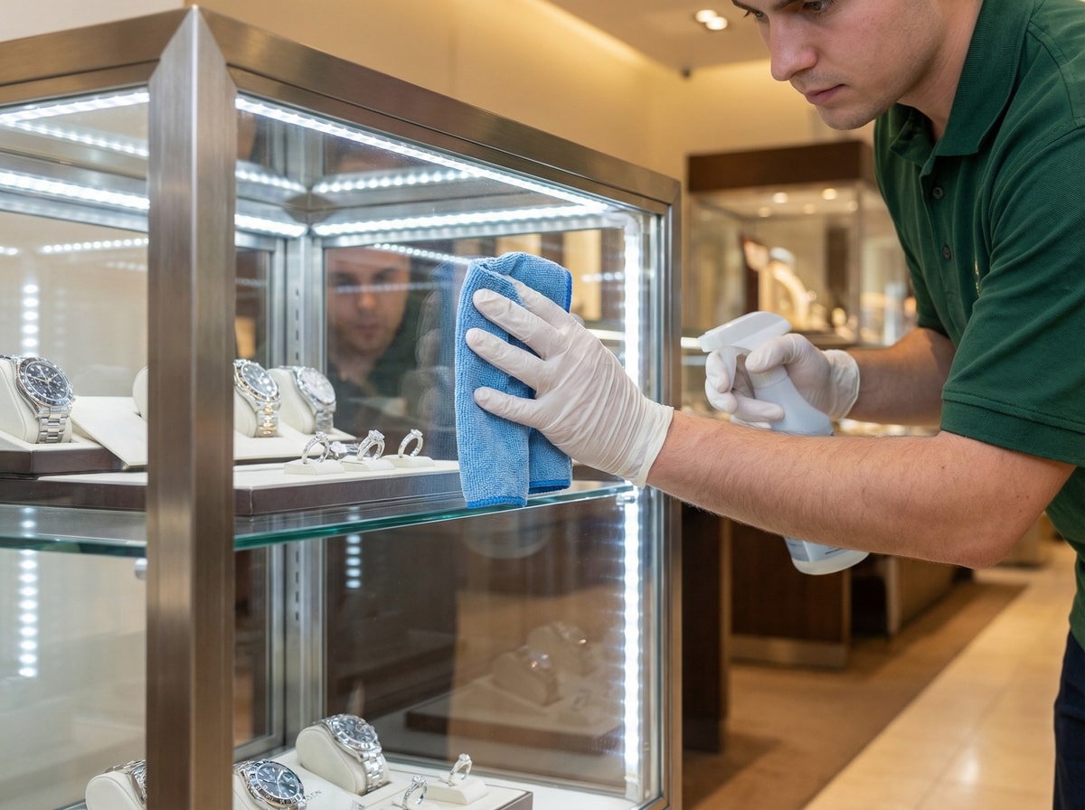 Professional cleaning of retail display cases and fixtures