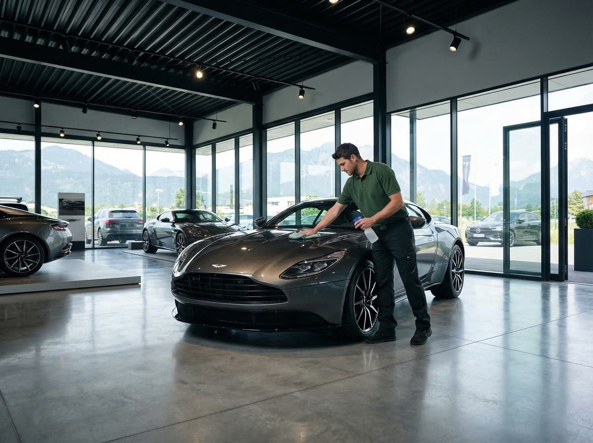 Professional automotive dealership showroom with polished floors and clean vehicle displays