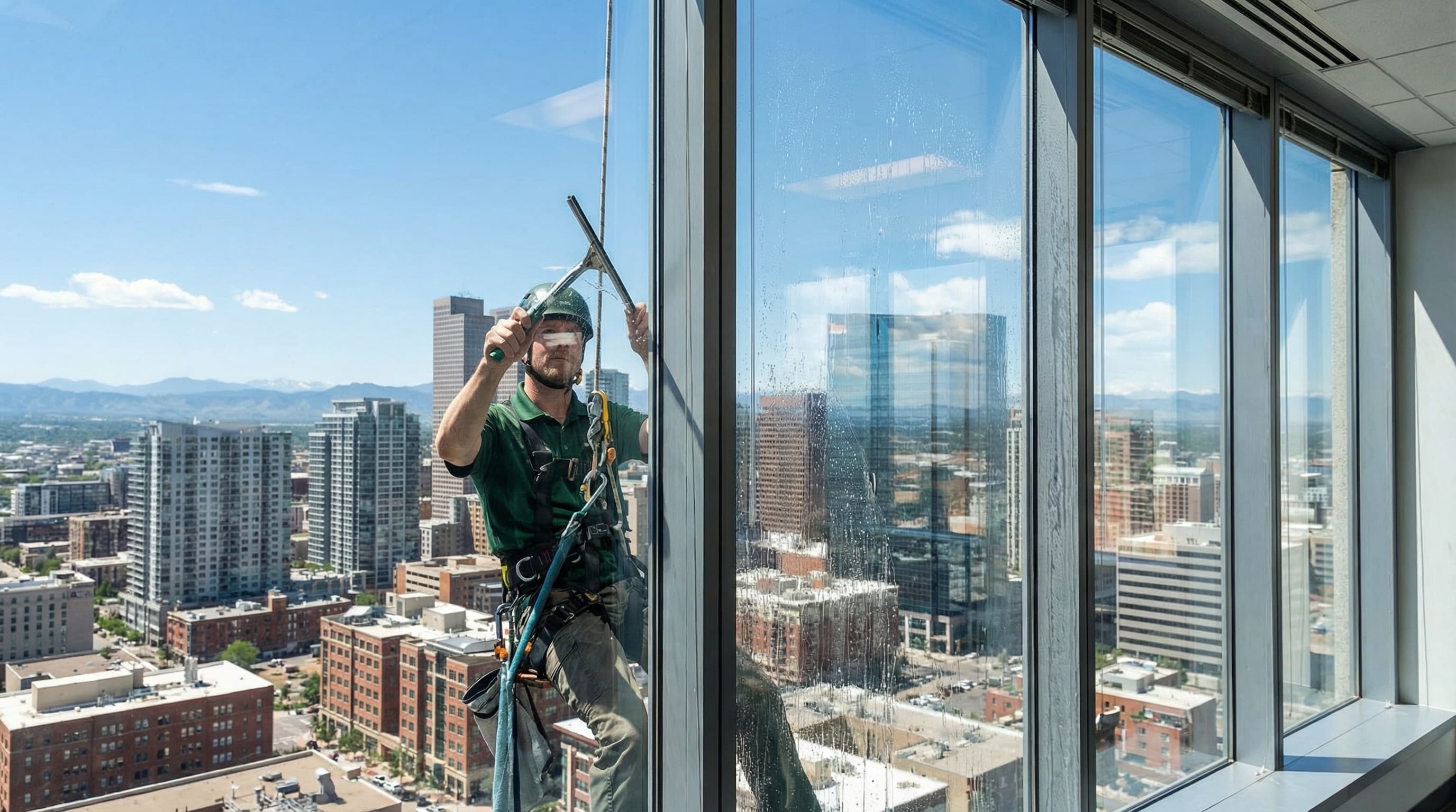 Professional commercial window cleaning technician cleaning office building windows in Denver